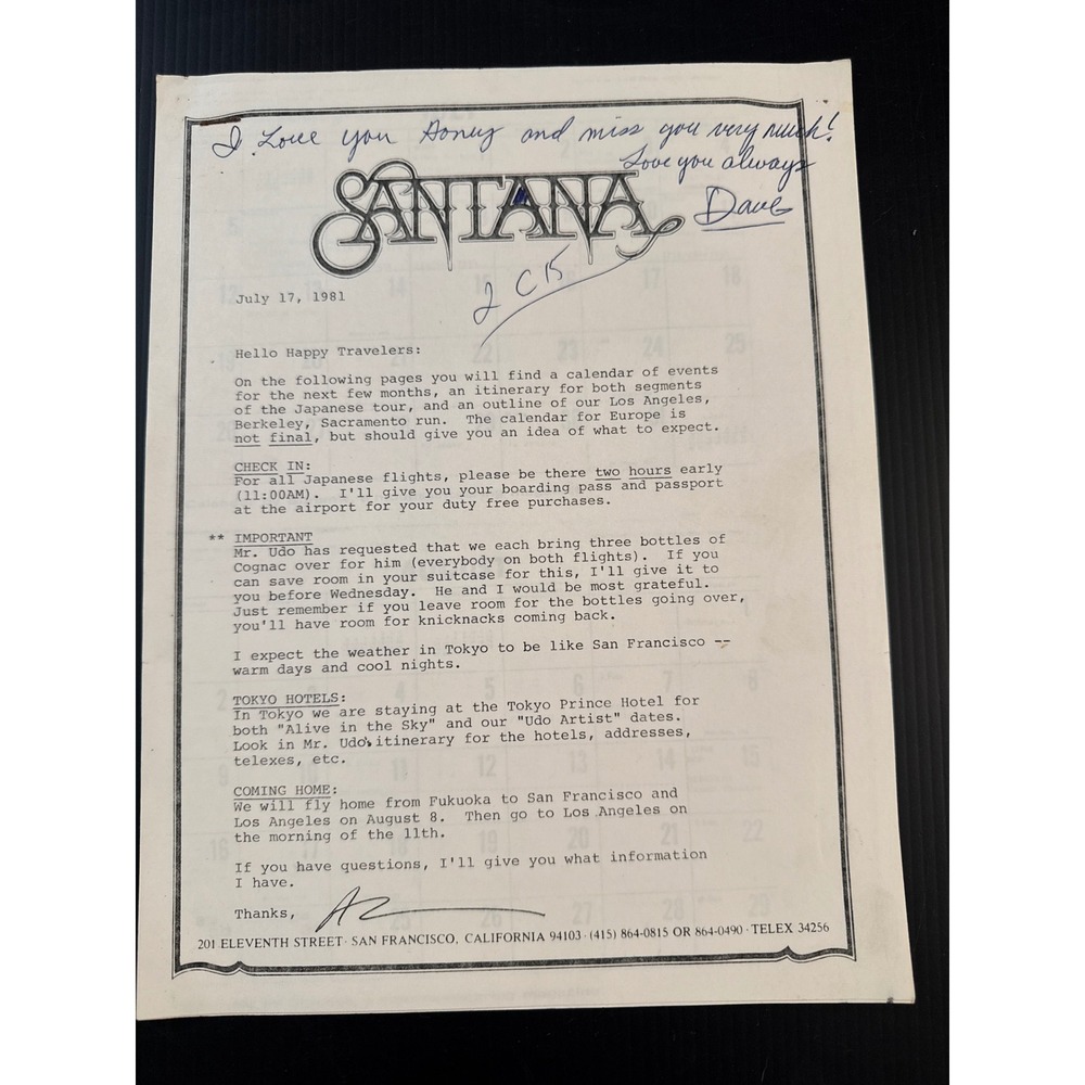 Vintage 1981 Santana Japan Europe Tour Itinerary Documents Rare Memorabilia